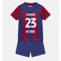 Camisa de Futebol Barcelona Jules Kounde #23 Equipamento Principal Infantil 2023-24 Manga Curta (+ Calças curtas)